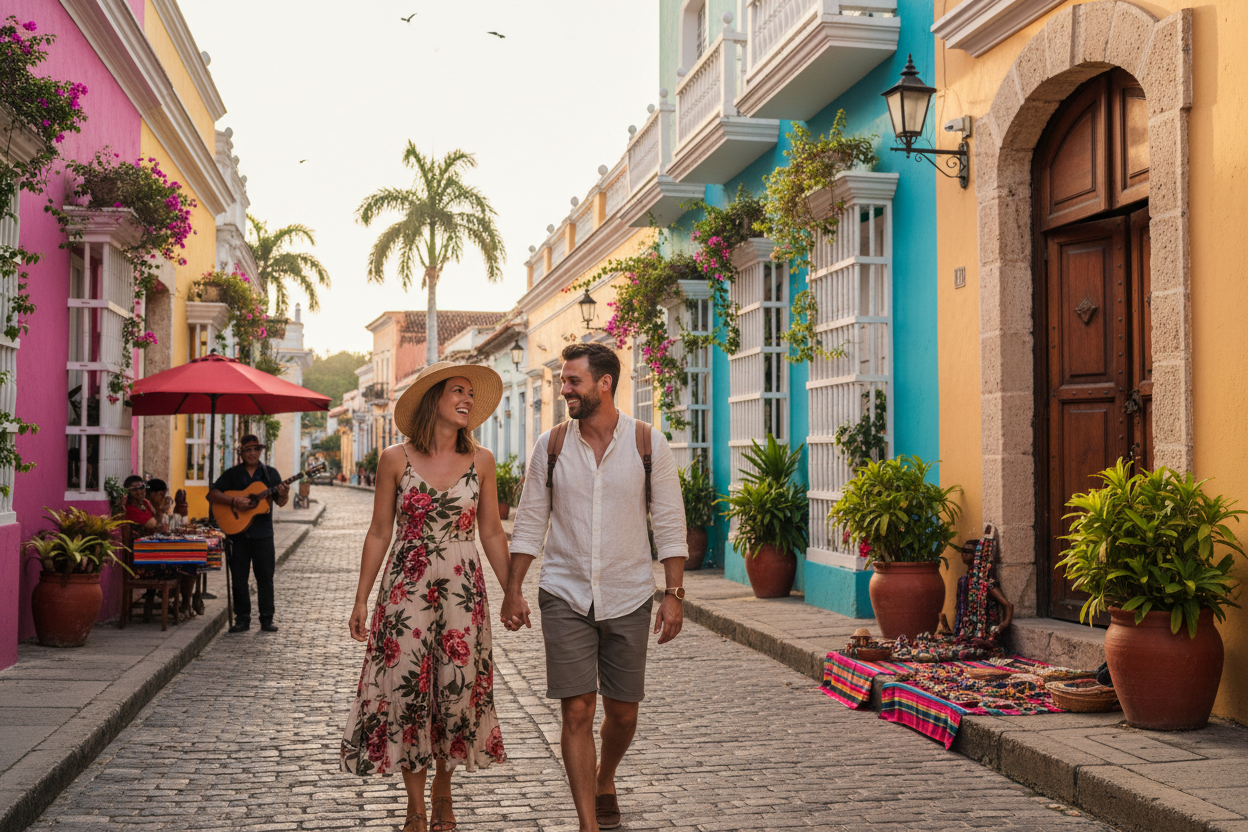 a couple travelling happy in a latin american place